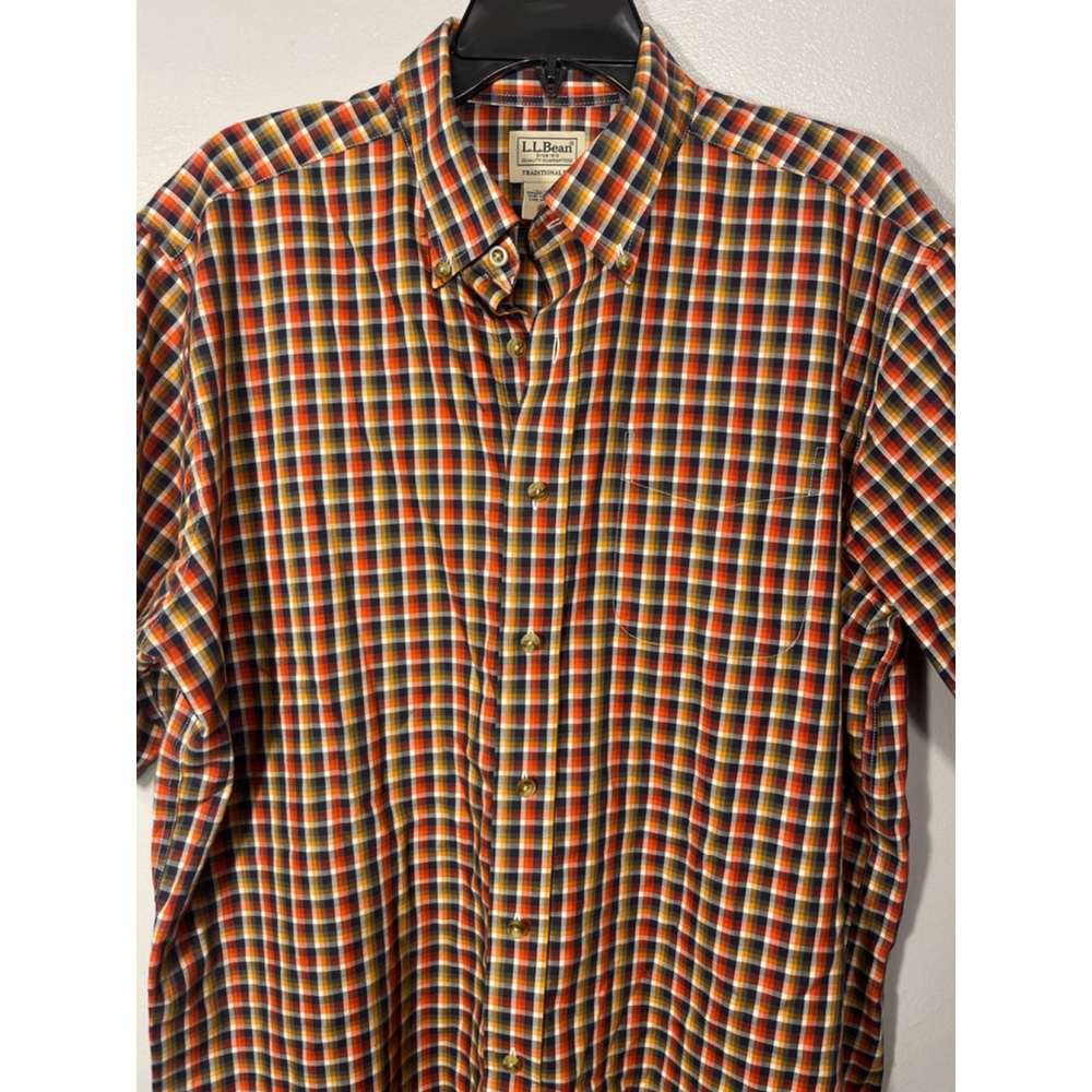Men's L.L.Bean Plaid Button Down Shirt L Tall Orange Navy Short sleeve Cotton - Picture 6 of 8